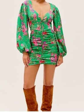 For Love & Lemons Wyatt Floral Mini Dress in Green Size M